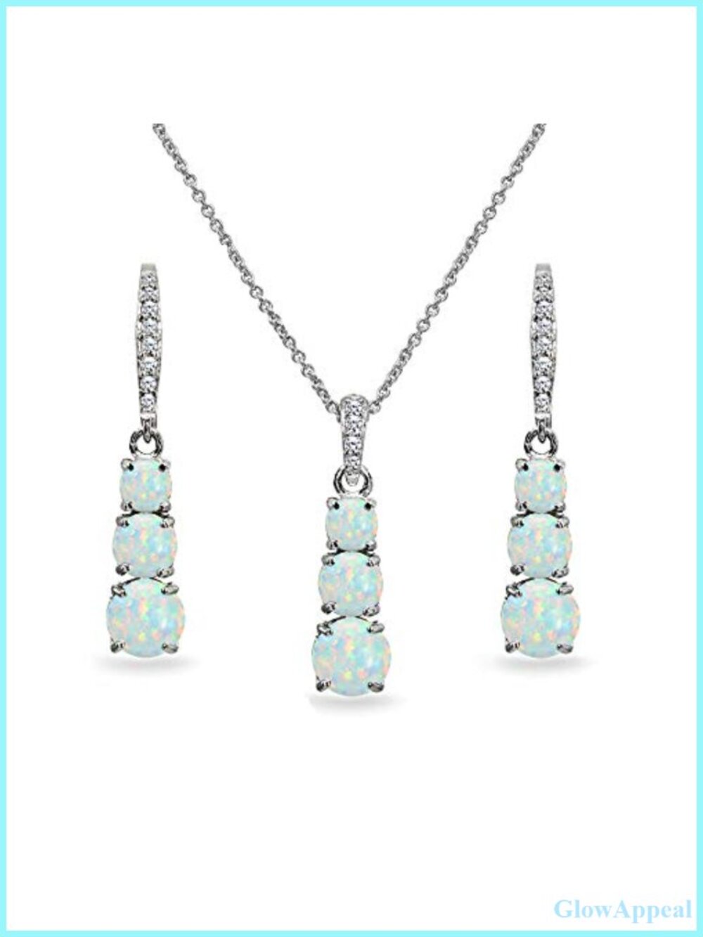 Sterling Silver 3 Stone Journey Necklace Earrings Set Synthetic Opal